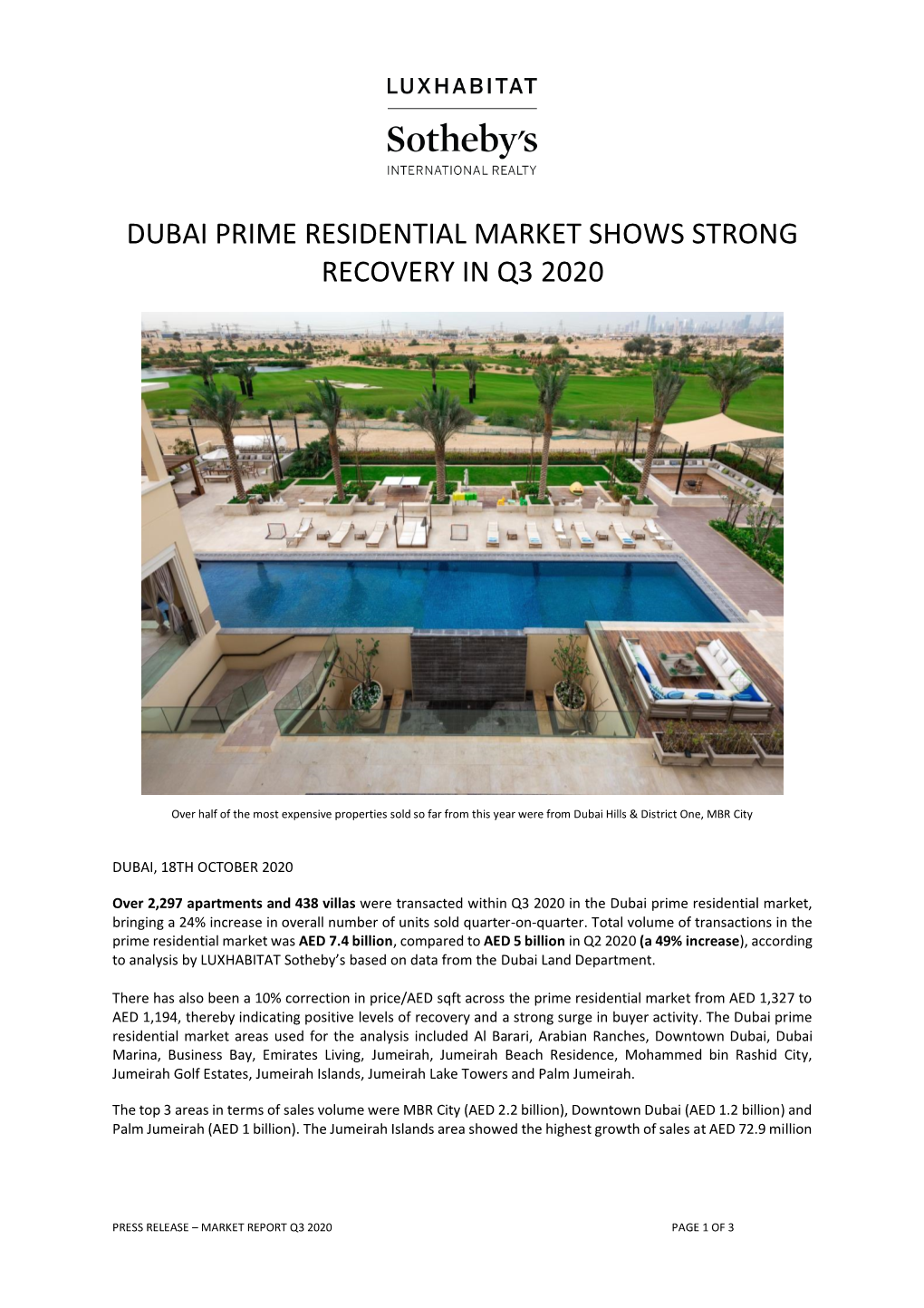 Dubai Prime Residential Market Shows Strong Recovery in Q3 2020