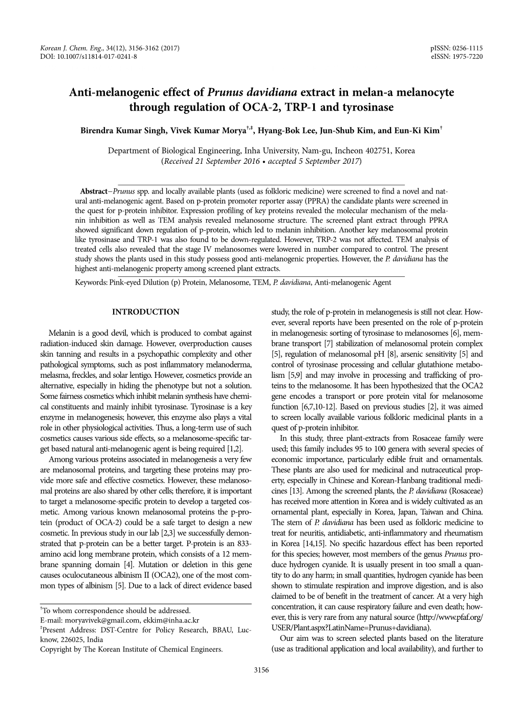 Anti-Melanogenic Effect of Prunus Davidiana Extract in Melan-A Melanocyte Through Regulation of OCA-2, TRP-1 and Tyrosinase