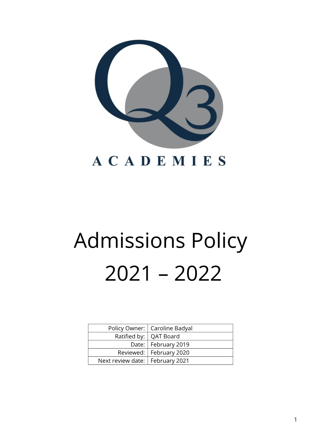 Q3 Academies Trust Admissions Policy (2021