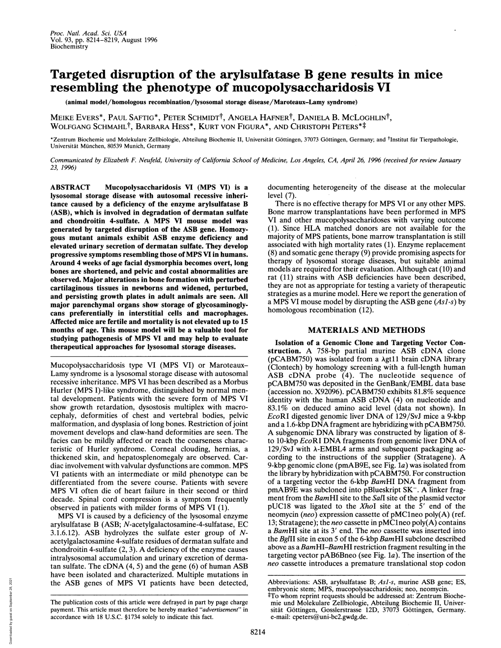 Targeted Disruption of the Arylsulfatase B Gene Results in Mice