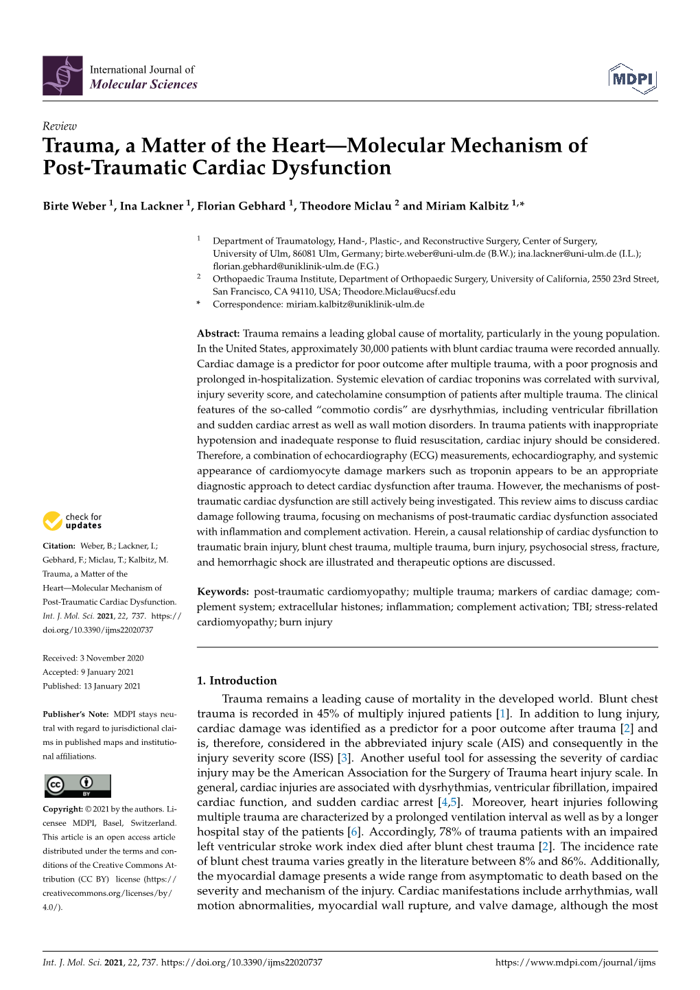 Trauma, a Matter of the Heart—Molecular Mechanism of Post-Traumatic Cardiac Dysfunction