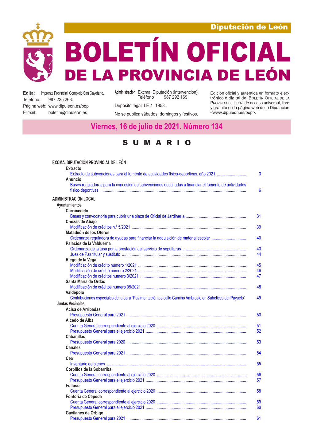 BOLETÍN OFICIAL DE LA PROVINCIA DE LEÓN Edita: Imprenta Provincial