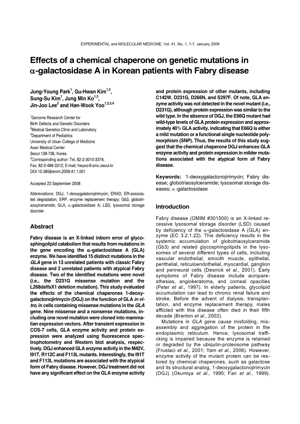 Effects of a Chemical Chaperone on Genetic Mutations in Α-Galactosidase a in Korean Patients with Fabry Disease