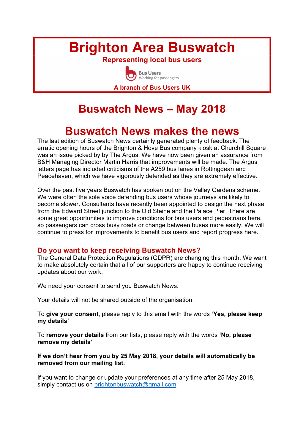 Buswatch News – May 2018