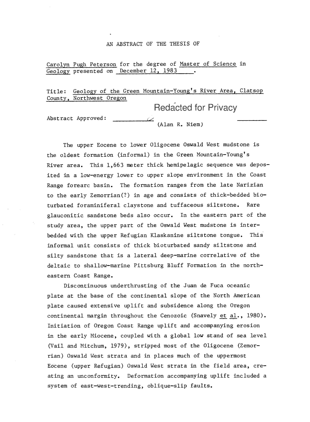 Geology of the Green Mountain-Young's River Area, Clatsop County, Northwest Oregon Recicted for Privacy Abstract Approved: (Alan R