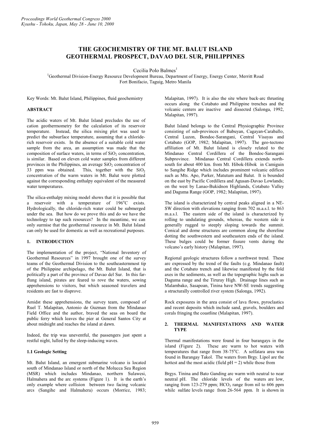 The Geochemistry of the Mt. Balut Island Geothermal Prospect, Davao Del Sur, Philippines