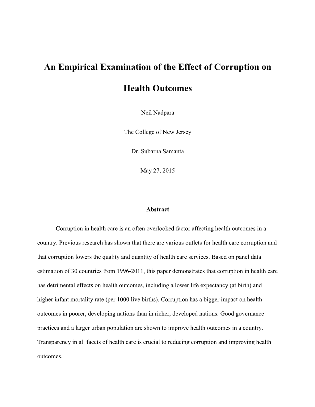 An Empirical Examination of the Effect of Corruption on Health Outcomes