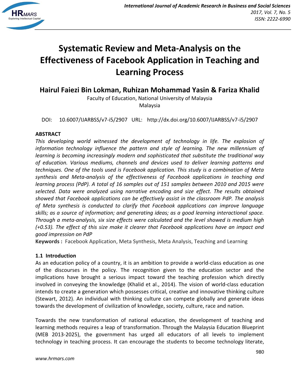 Systematic Review and Meta-Analysis on the Effectiveness of Facebook Application in Teaching and Learning Process