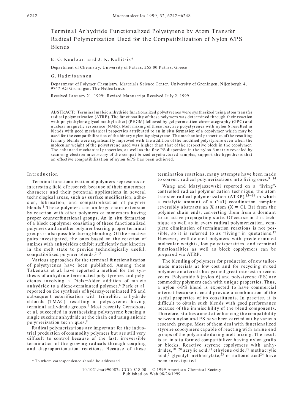 Terminal Anhydride Functionalized Polystyrene by Atom Transfer Radical Polymerization Used for the Compatibilization of Nylon 6/PS Blends