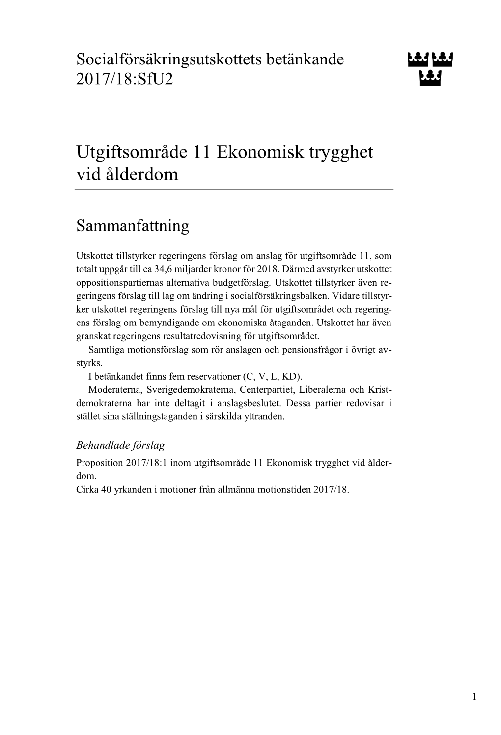 Bet. 2017/18:Sfu2 Utgiftsområde 11 Ekonomisk Trygghet Vid Ålderdom