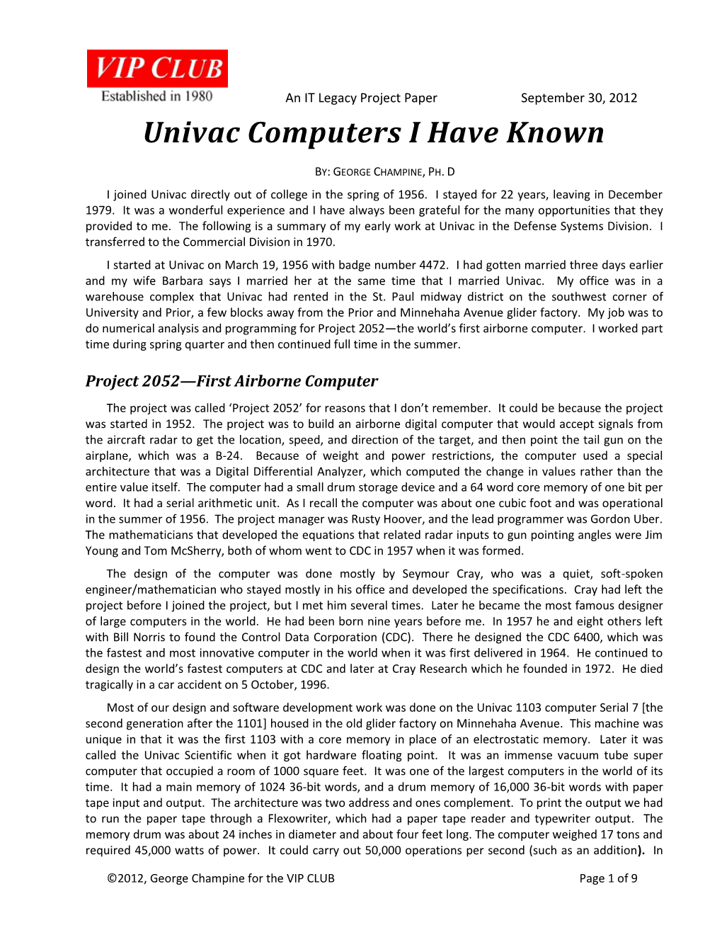 Univac Computers I Have Known