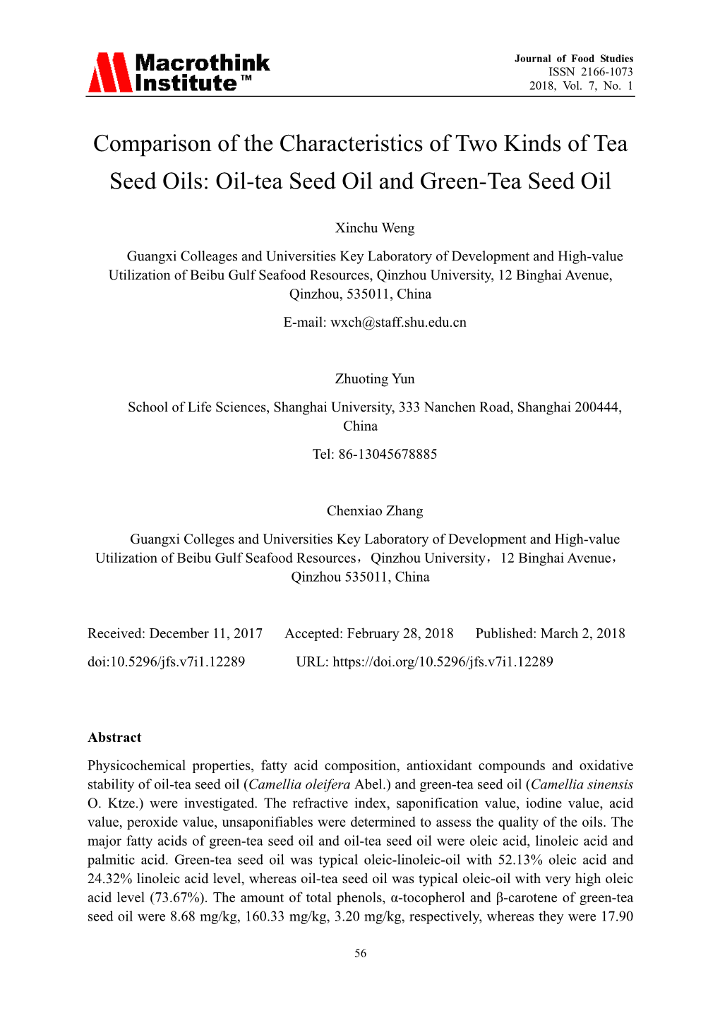 Oil-Tea Seed Oil and Green-Tea Seed Oil