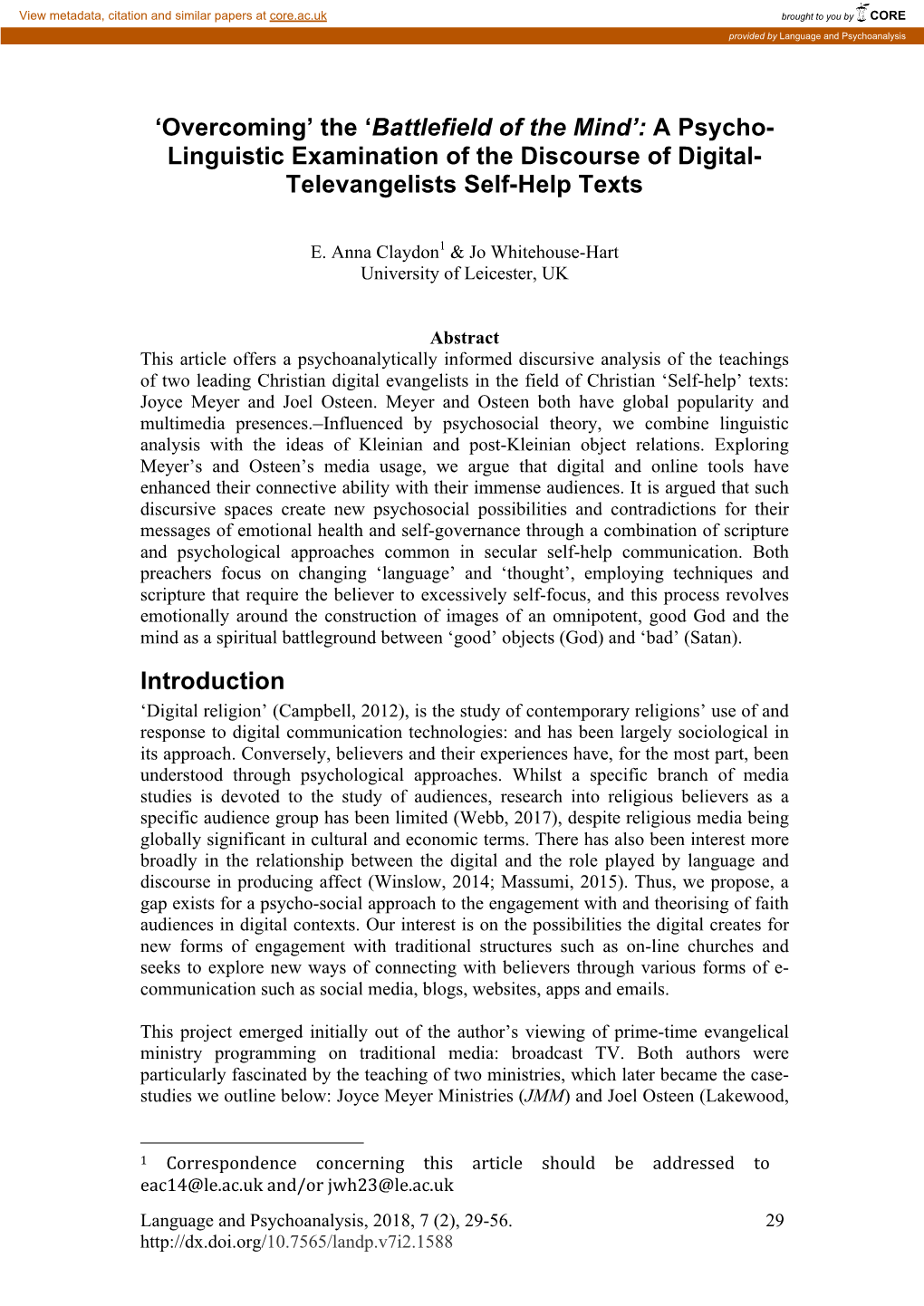 A Psycho- Linguistic Examination of the Discourse of Digital- Televangelists Self-Help Texts