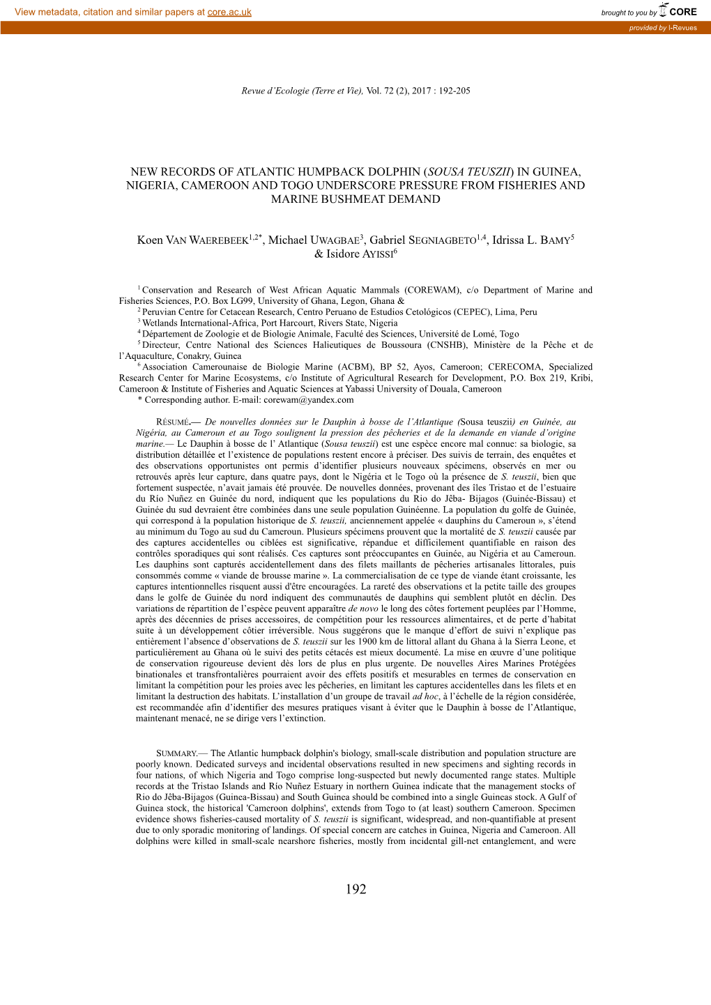 New Records of Atlantic Humpback Dolphin (Sousa Teuszii) in Guinea, Nigeria, Cameroon and Togo Underscore Pressure from Fisheries and Marine Bushmeat Demand