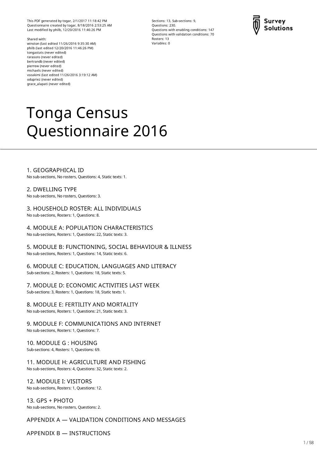 Tonga Census Questionnaire 2016