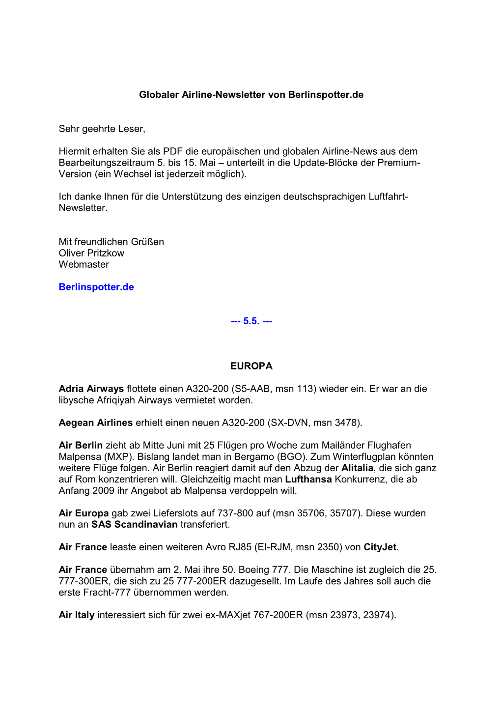Globaler Airline-Newsletter Von Berlinspotter.De Sehr Geehrte Leser