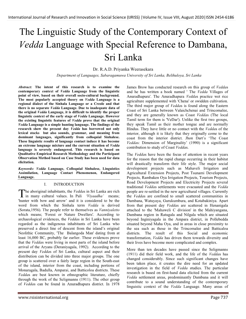 The Linguistic Study of the Contemporary Context of Vedda Language with Special Reference to Dambana, Sri Lanka