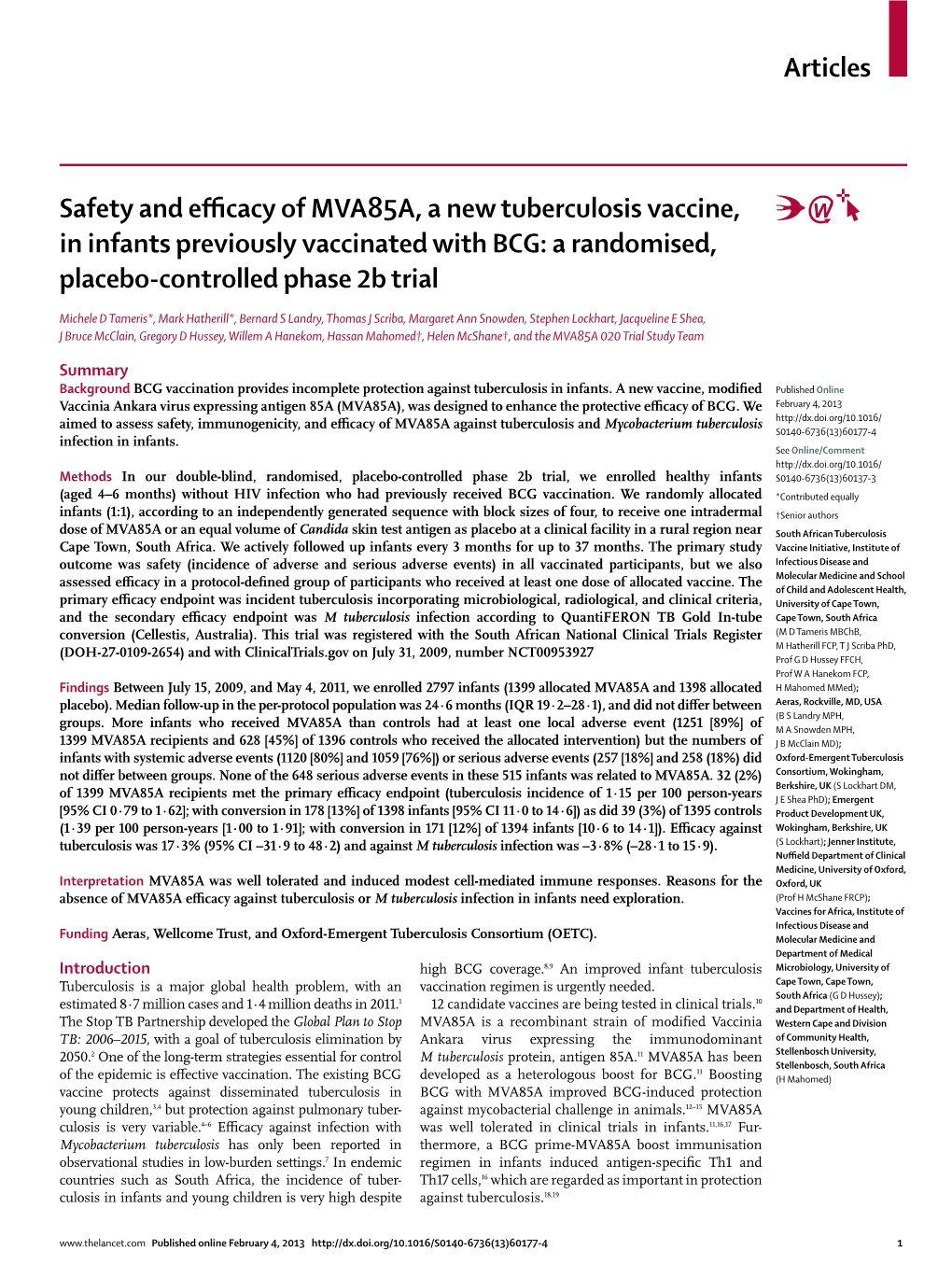 Safety and Efficacy of MVA85A, a New Tuberculosis Vaccine, in Infants Previously Vaccinated with BCG: a Randomised, Placebo-Controlled Phase 2B Trial