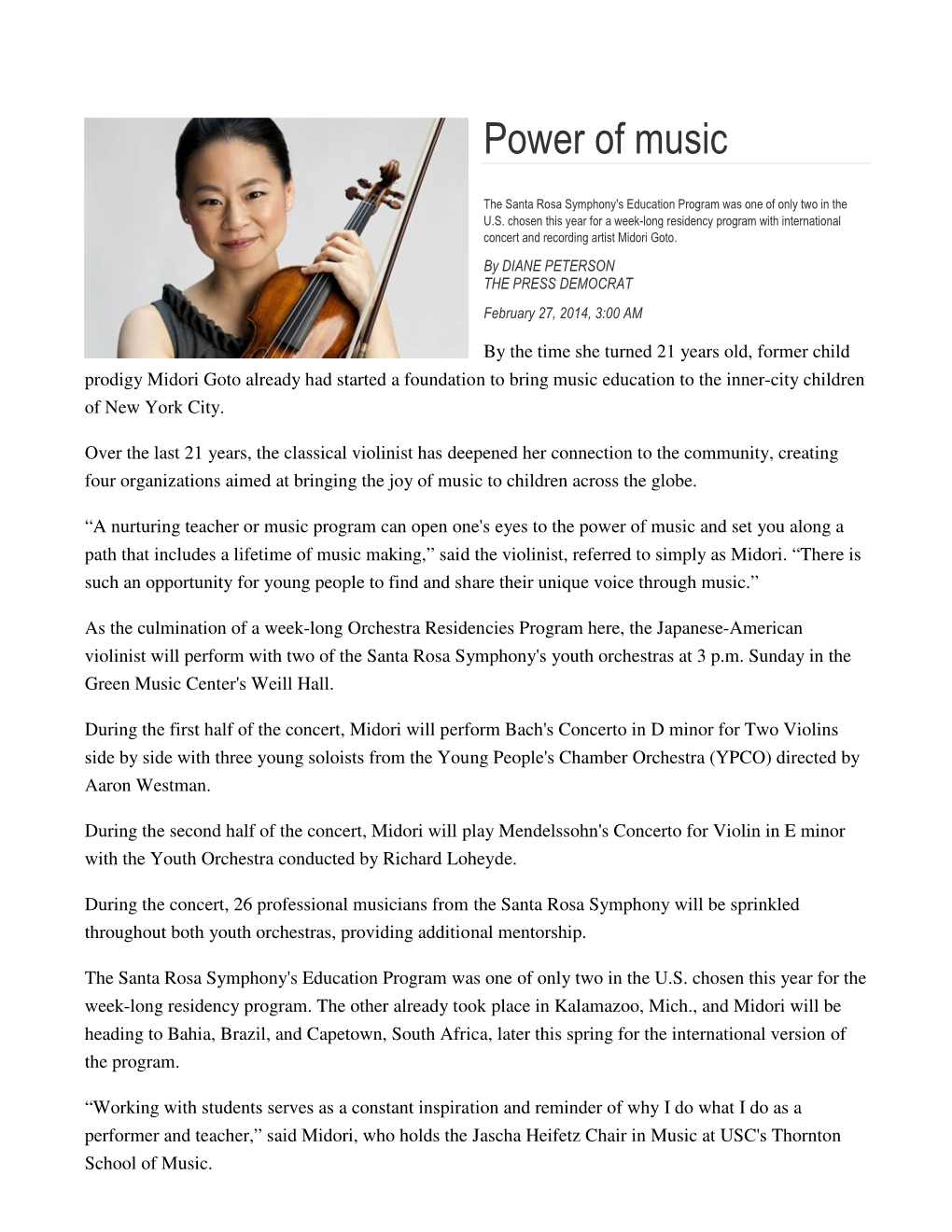 Power of Music • the Santa Rosa Symphony's Education Program Was One of Only Two in the U.S