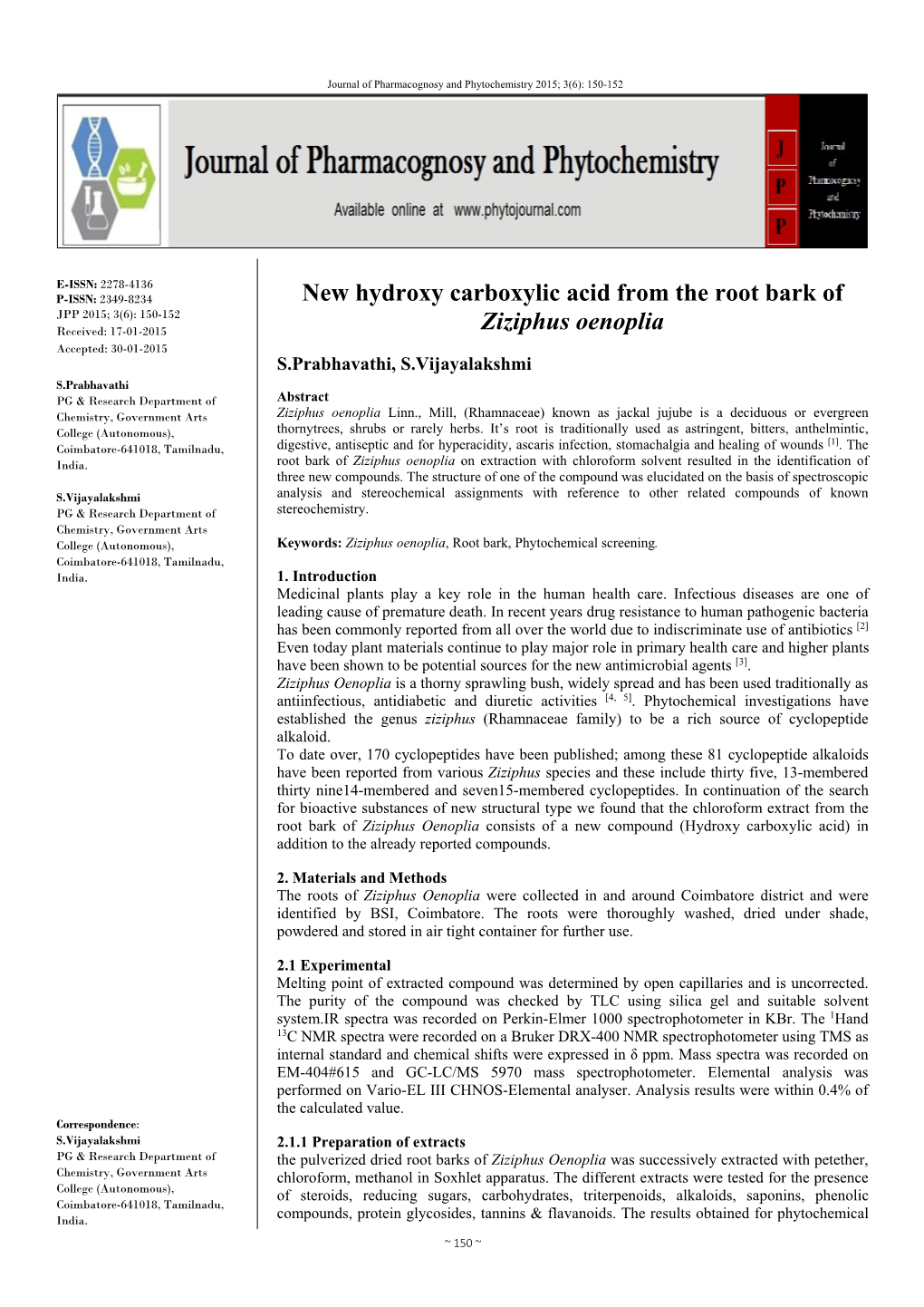 New Hydroxy Carboxylic Acid from the Root Bark of Ziziphus Oenoplia