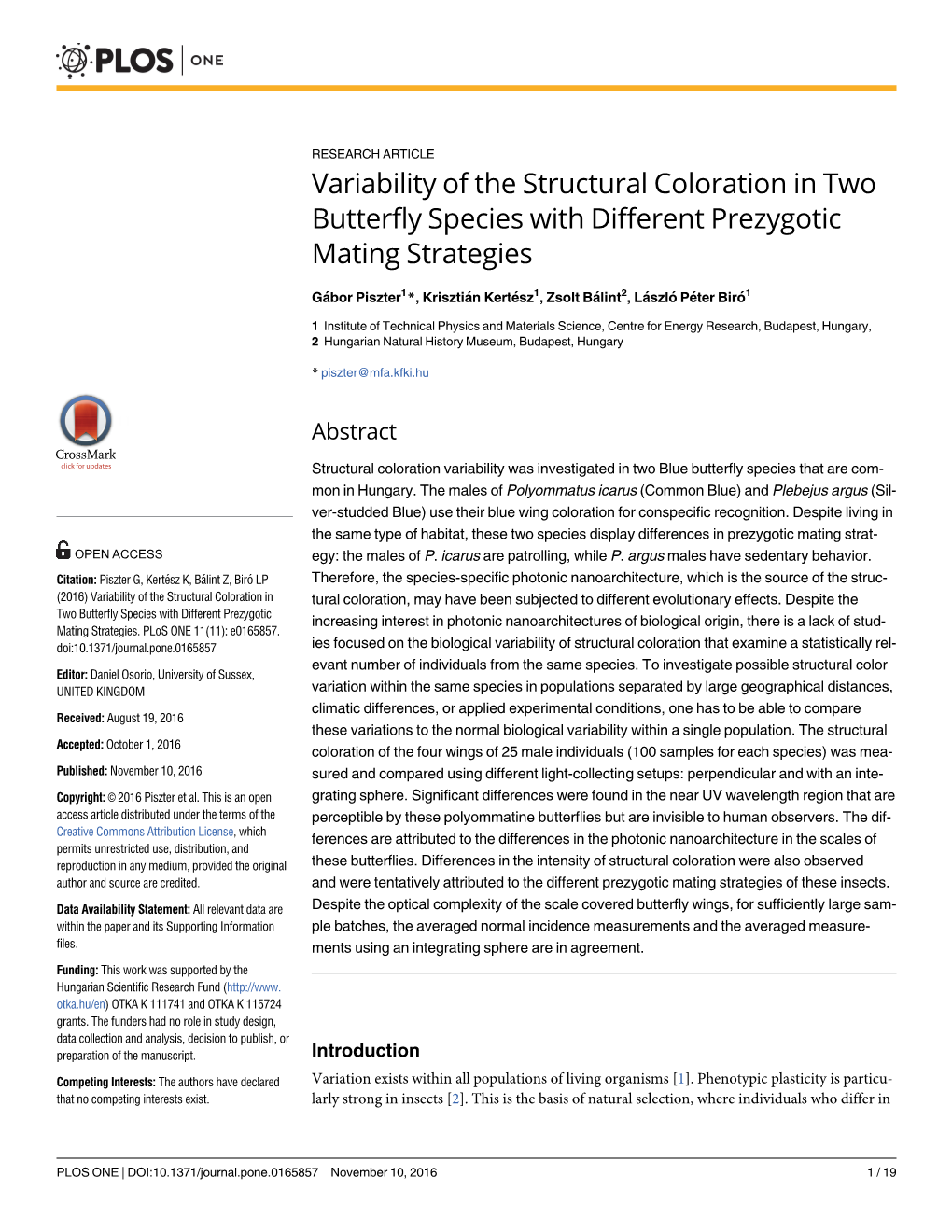 Variability of the Structural Coloration in Two Butterfly Species with Different Prezygotic Mating Strategies