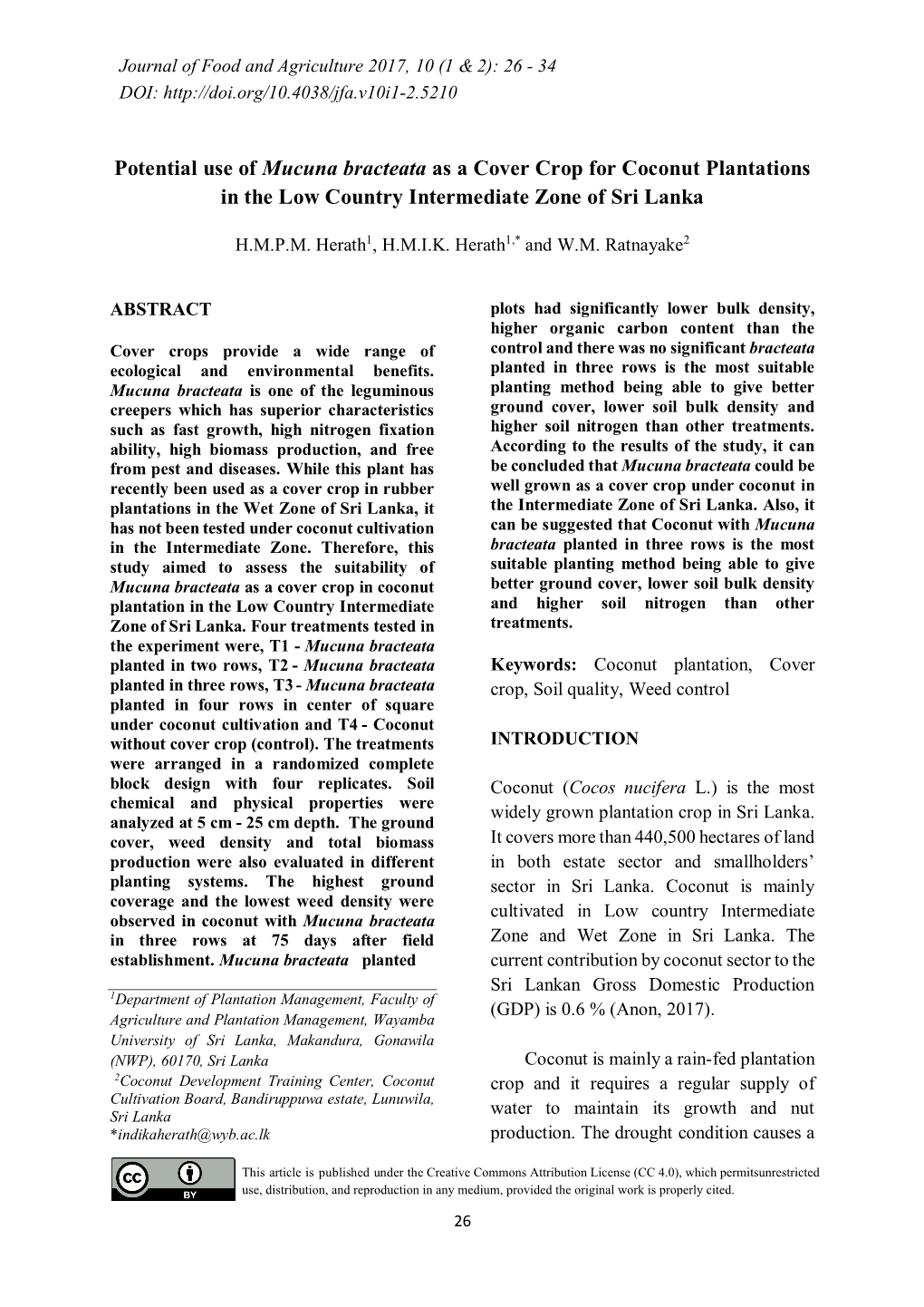 Potential Use of Mucuna Bracteata As a Cover Crop for Coconut Plantations in the Low Country Intermediate Zone of Sri Lanka