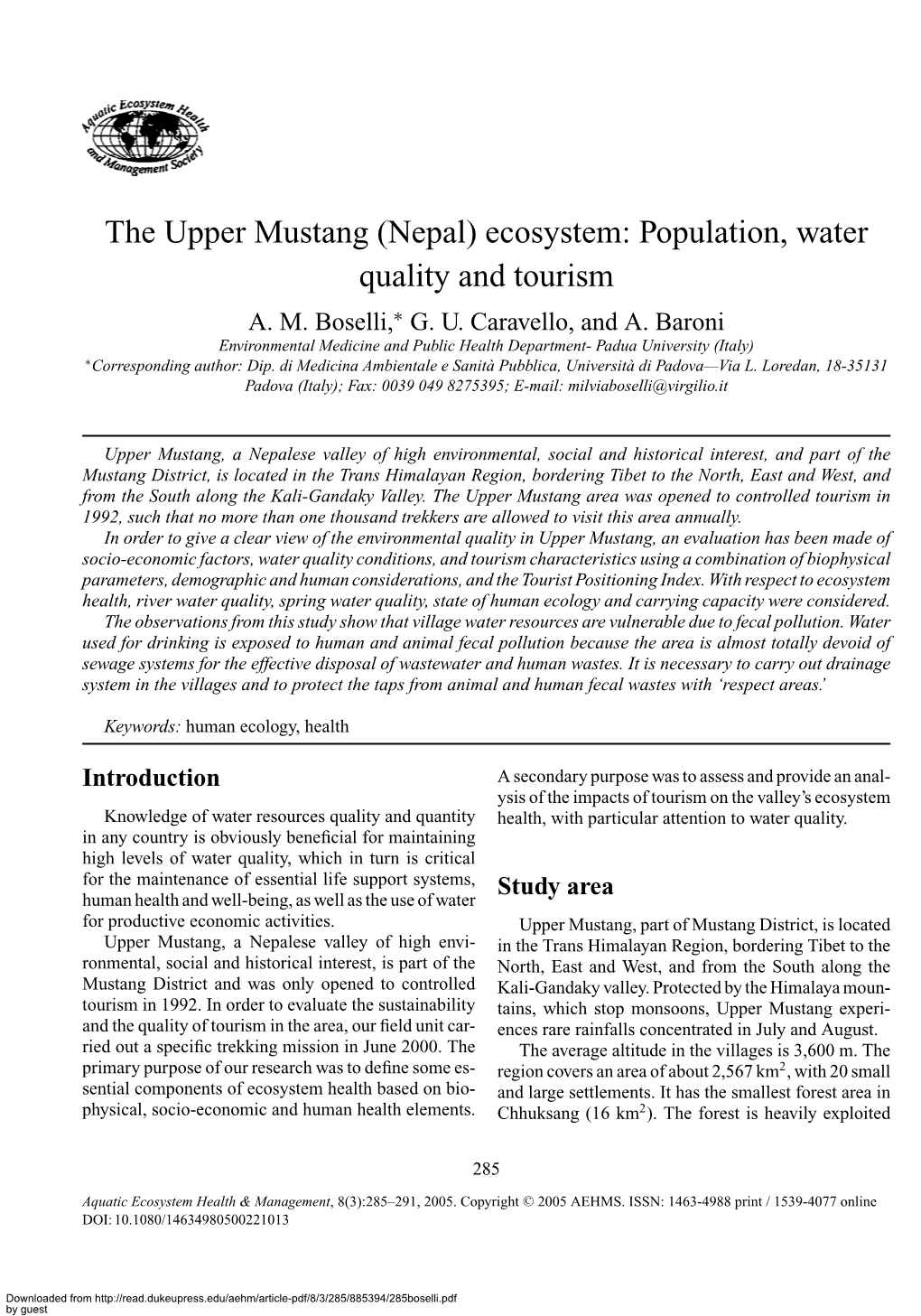 The Upper Mustang (Nepal) Ecosystem: Population, Water Quality and Tourism A