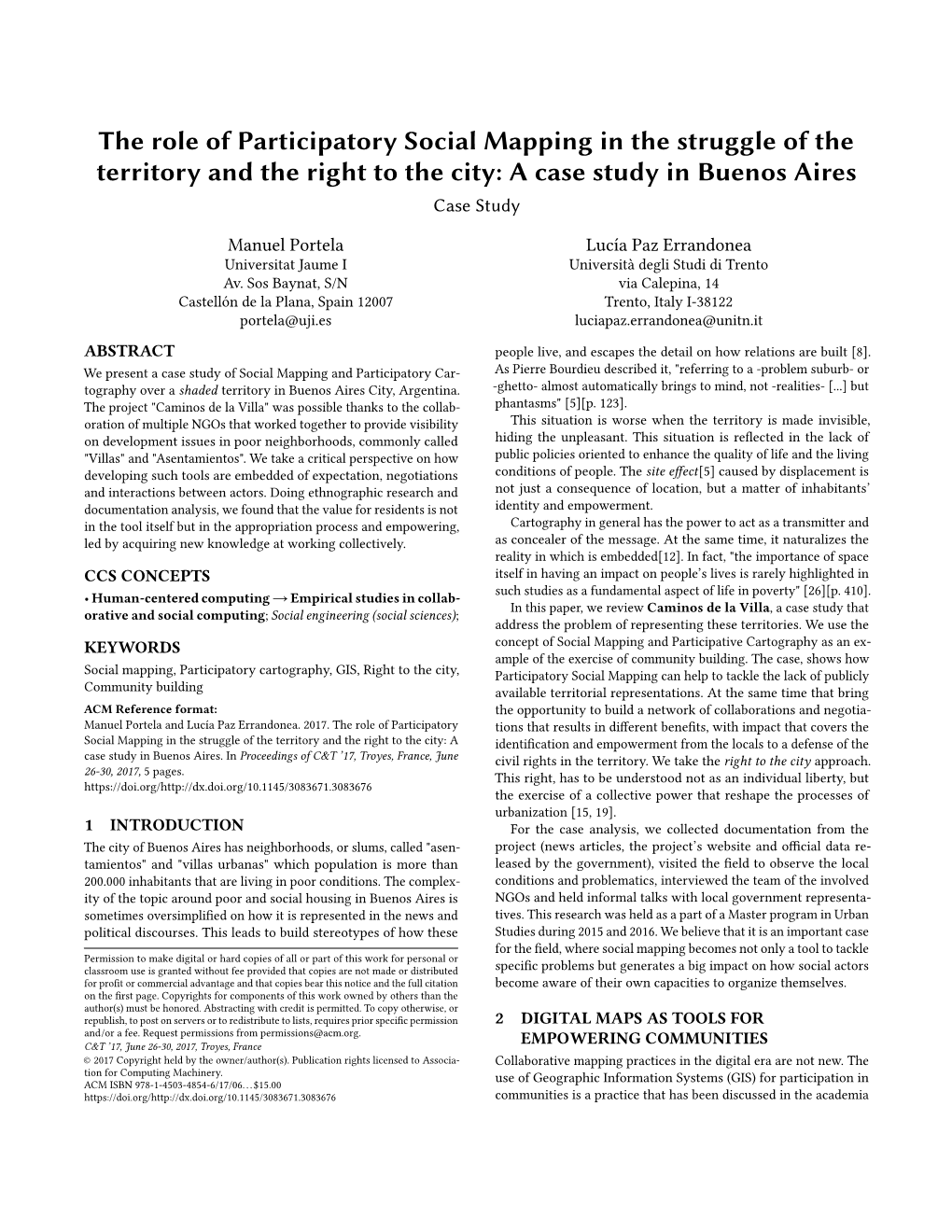 The Role of Participatory Social Mapping in the Struggle of the Territory and the Right to the City: a Case Study in Buenos Aires Case Study