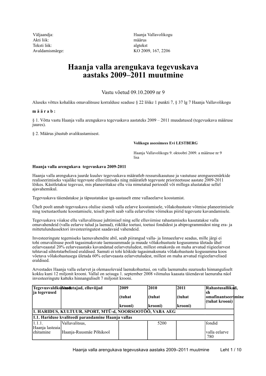 Haanja Valla Arengukava Tegevuskava Aastaks 2009–2011 Muutmine