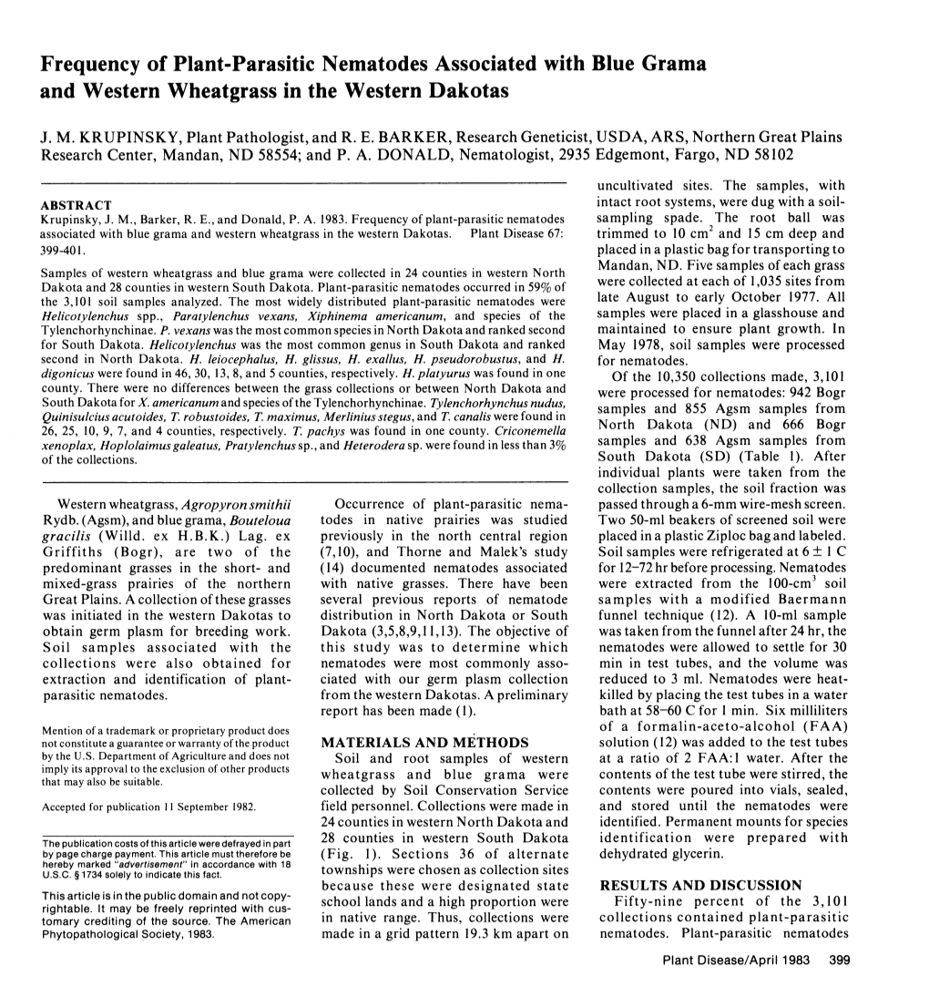 Frequency of Plant-Parasitic Nematodes Associated with Blue Grama and Western Wheatgrass in the Western Dakotas