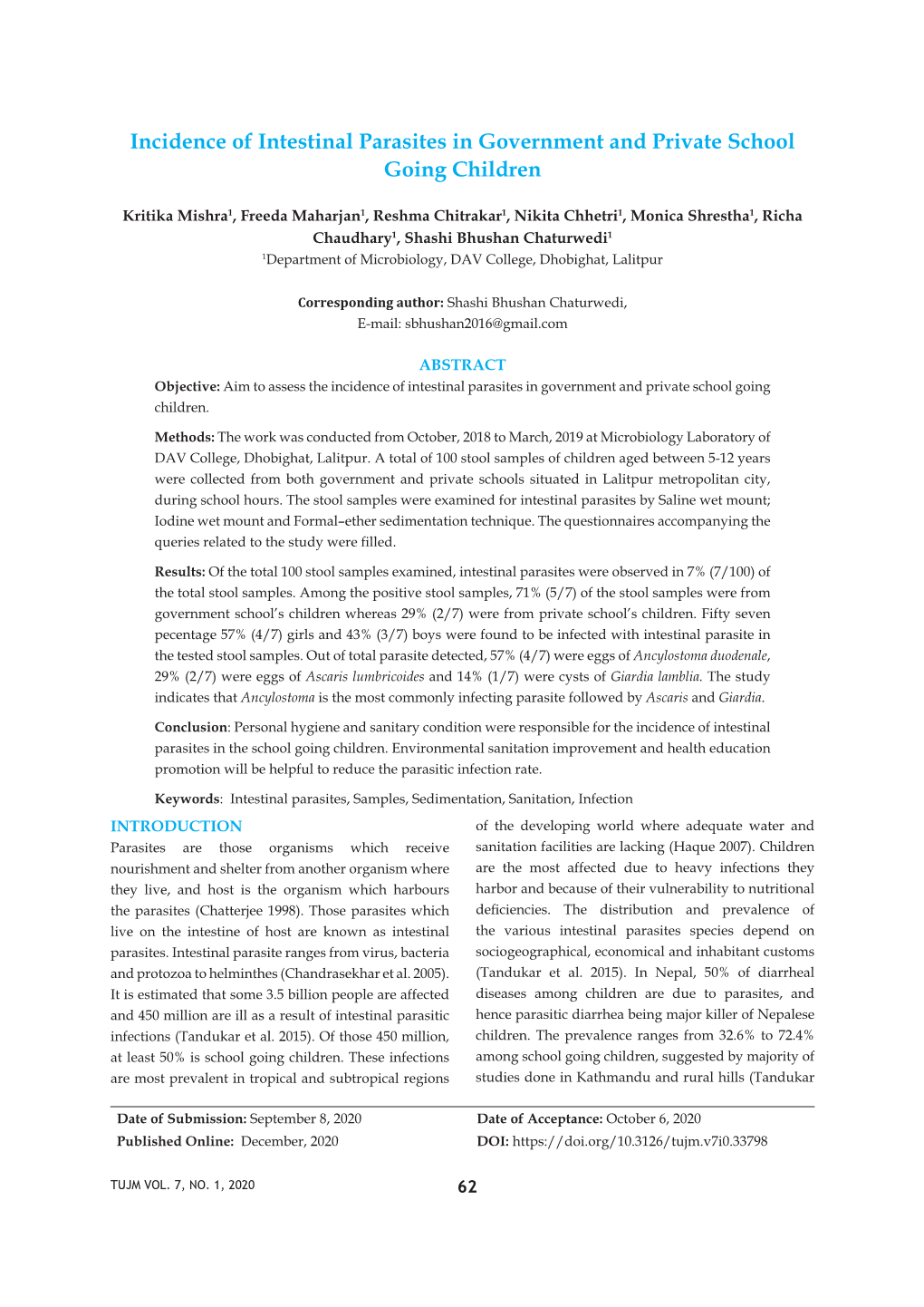 Incidence of Intestinal Parasites in Government and Private School Going Children