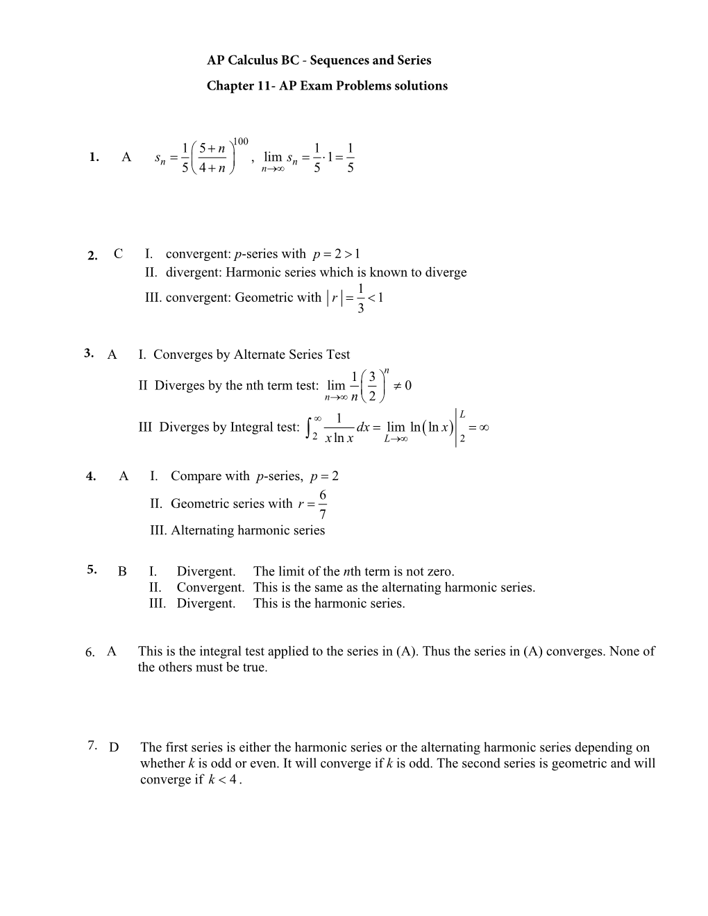 AP Calculus BC - Sequences and Series Chapter 11- AP Exam Problems Solutions