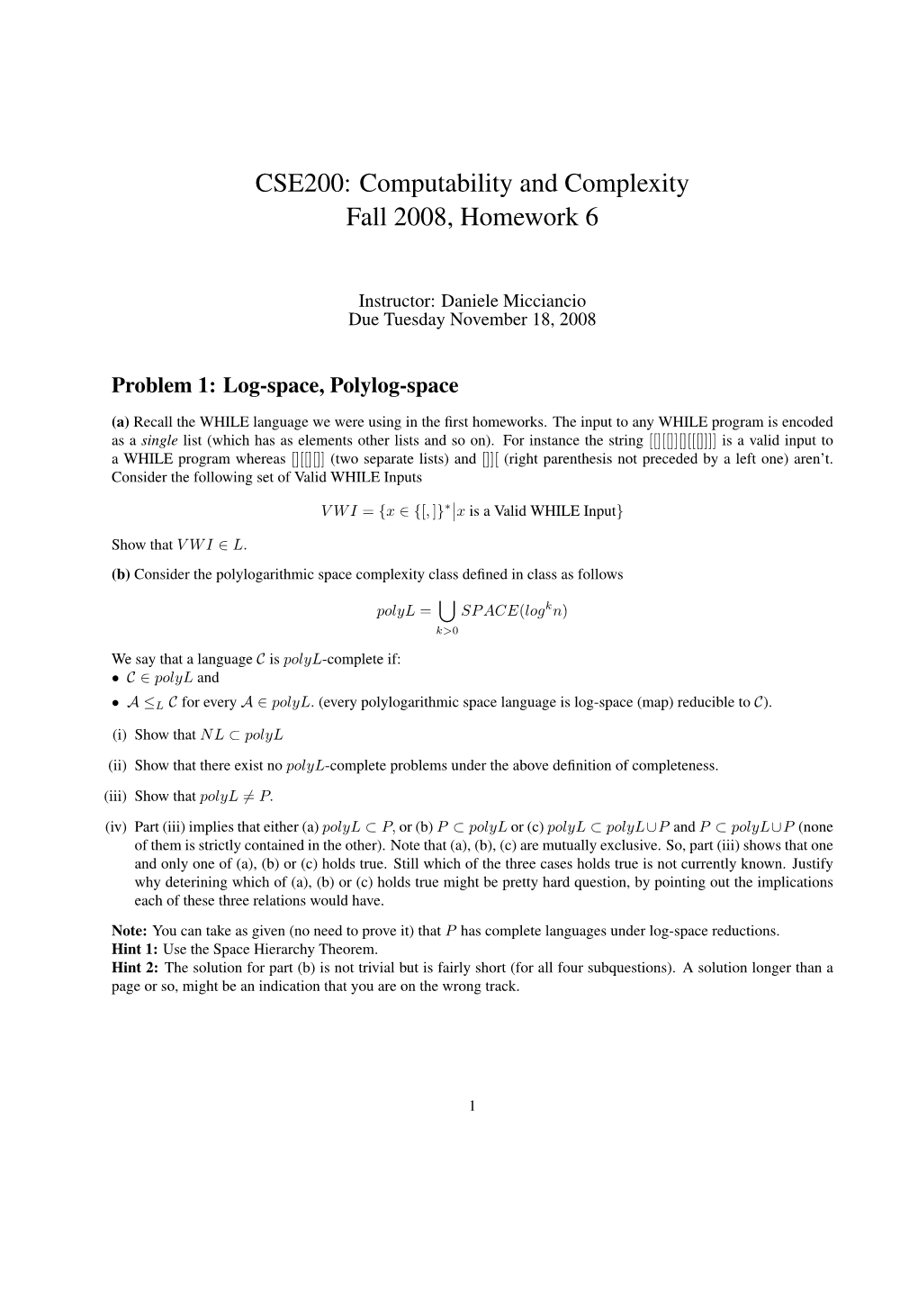CSE200: Computability and Complexity Fall 2008, Homework 6