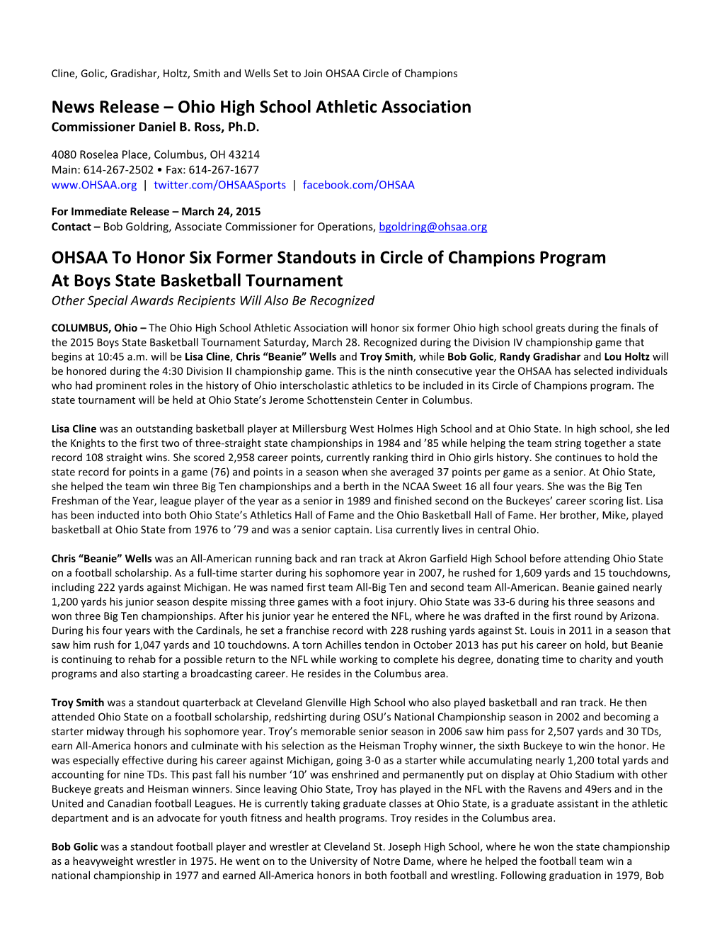 News Release – Ohio High School Athletic Association OHSAA To