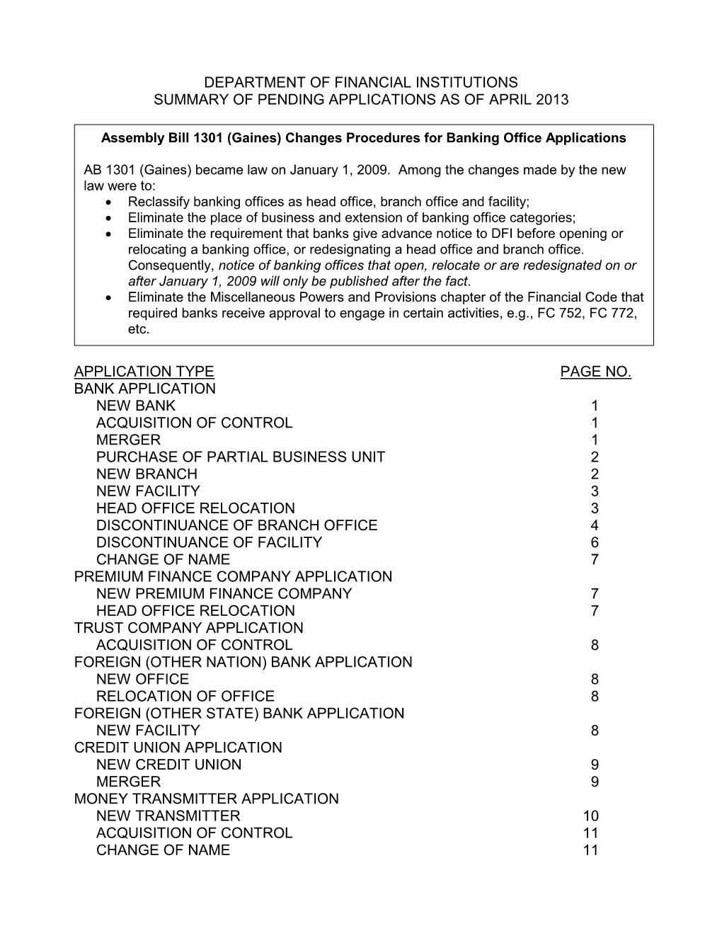 Department of Financial Institutions Summary of Pending Applications As of April 2013