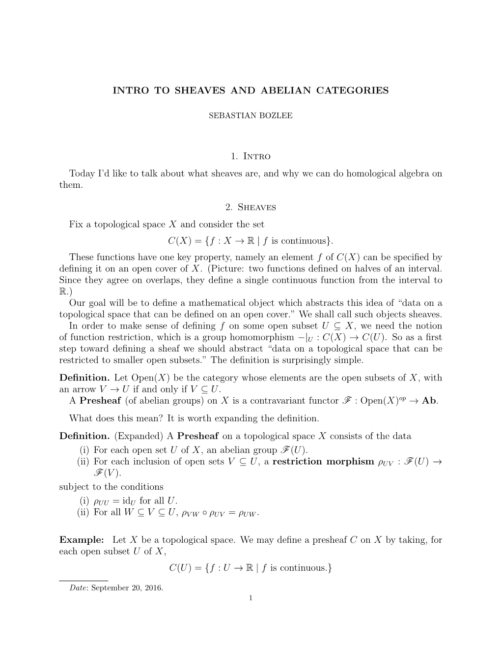 Intro to Sheaves and Abelian Categories