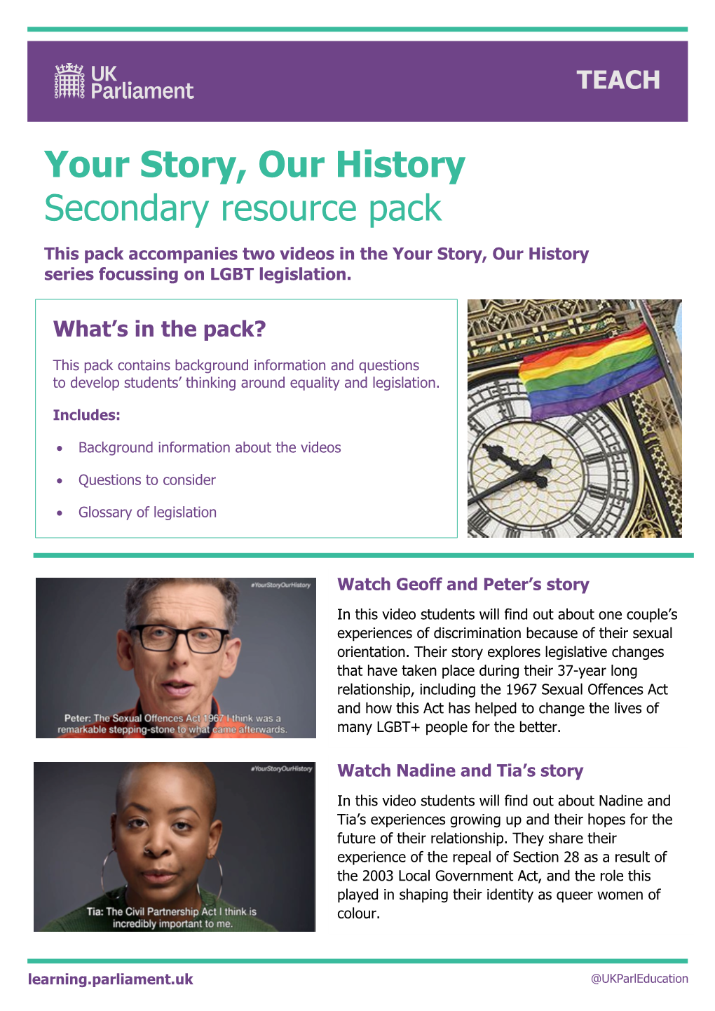 Your Story, Our History Secondary Resource Pack This Pack Accompanies Two Videos in the Your Story, Our History Series Focussing on LGBT Legislation