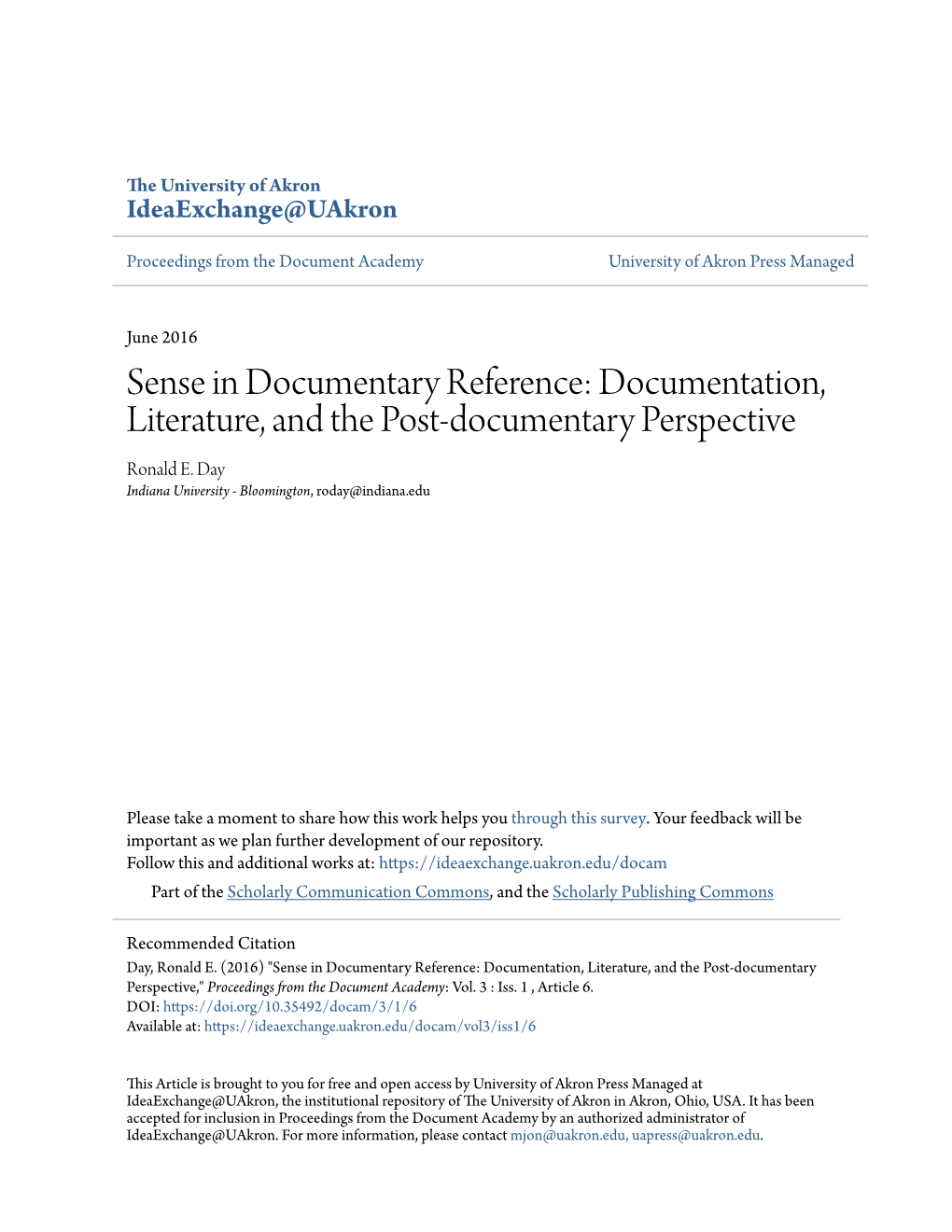 Sense in Documentary Reference: Documentation, Literature, and the Post-Documentary Perspective Ronald E