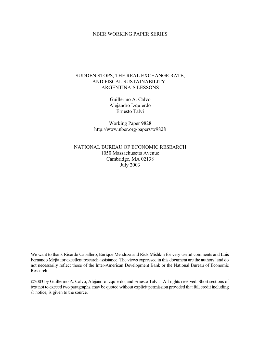 Sudden Stops, the Real Exchange Rate, and Fiscal Sustainability: Argentina’S Lessons