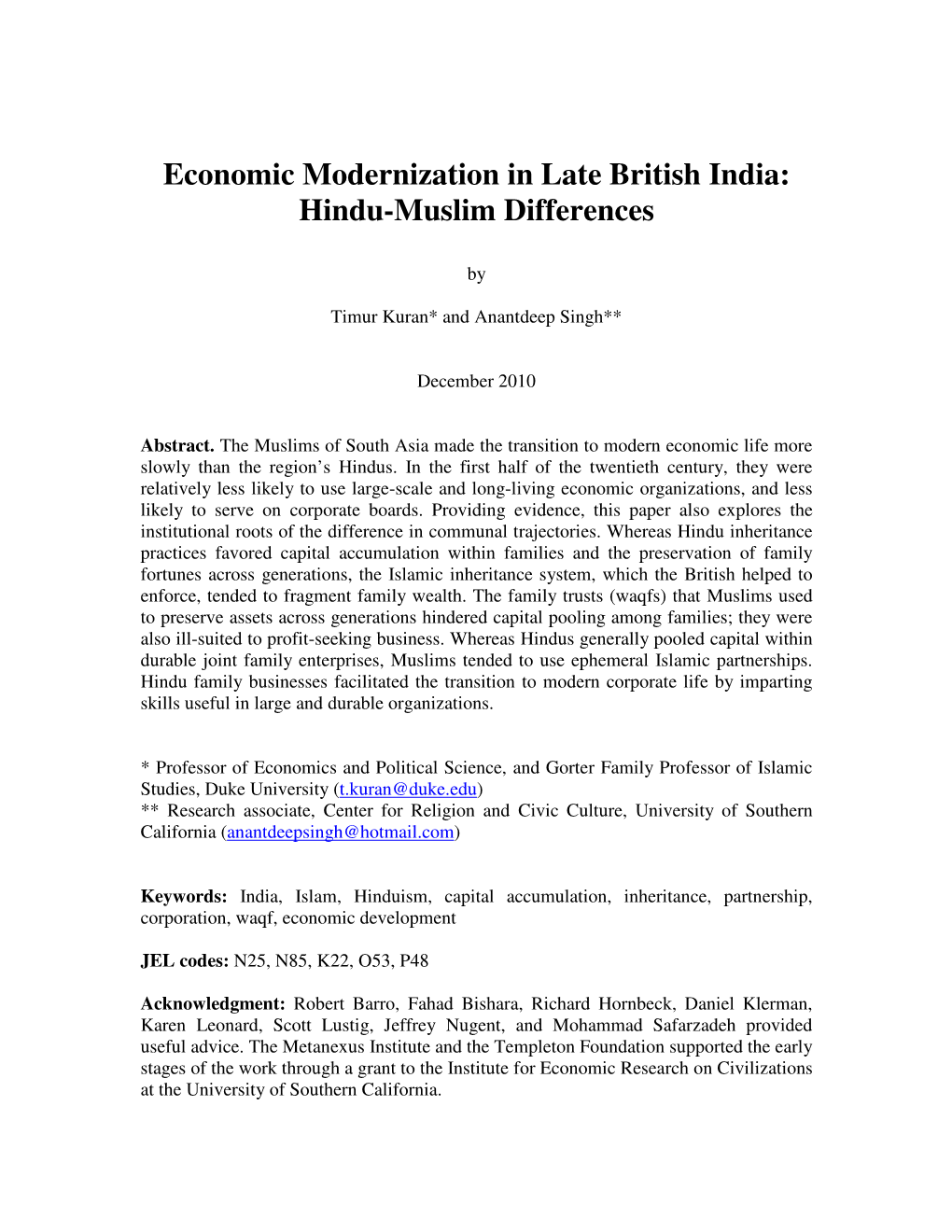 Economic Modernization in Late British India: Hindu-Muslim Differences