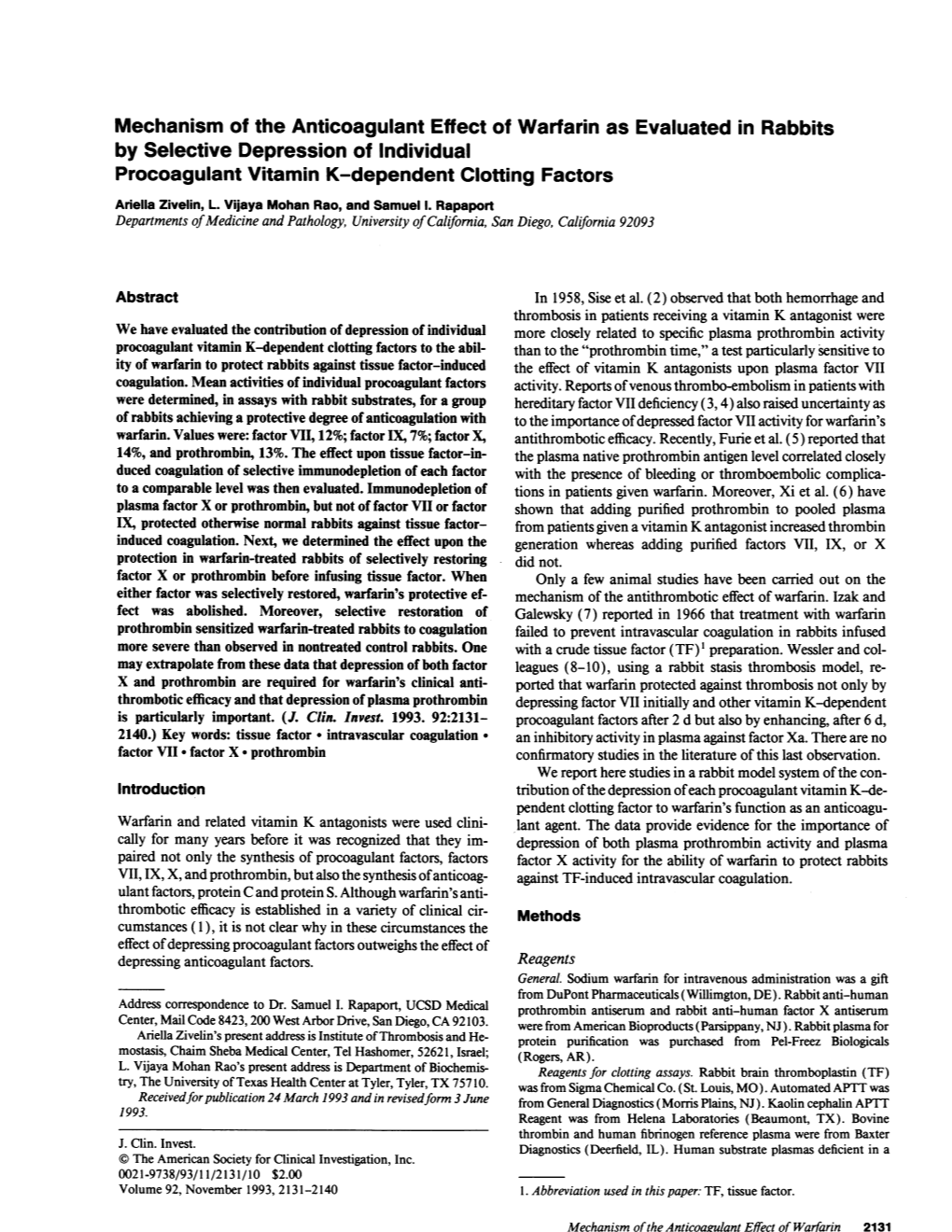 Mechanism of the Anticoagulant Effect of Warfarin As Evaluated in Rabbits