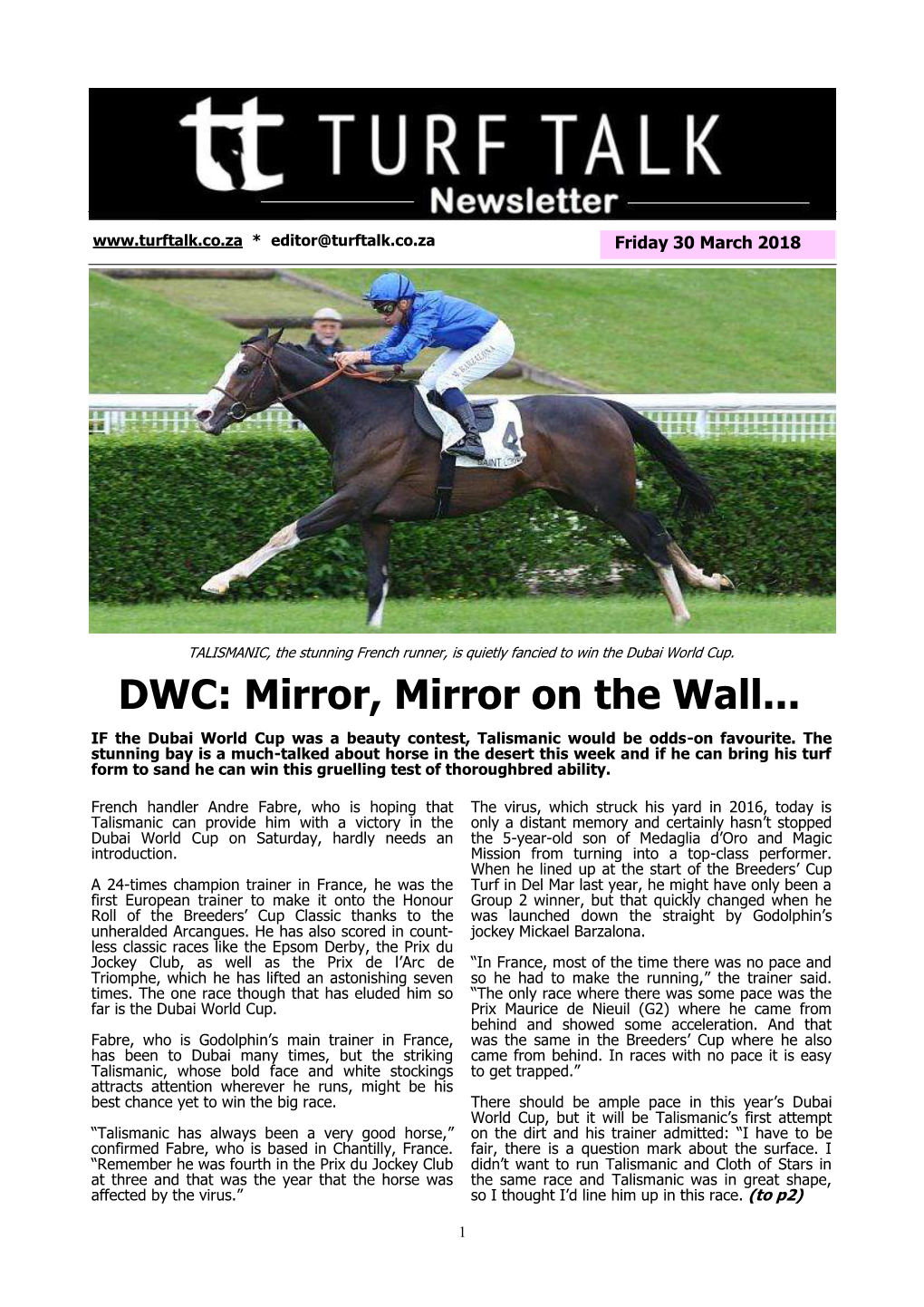 DWC: Mirror, Mirror on the Wall... IF the Dubai World Cup Was a Beauty Contest, Talismanic Would Be Odds-On Favourite