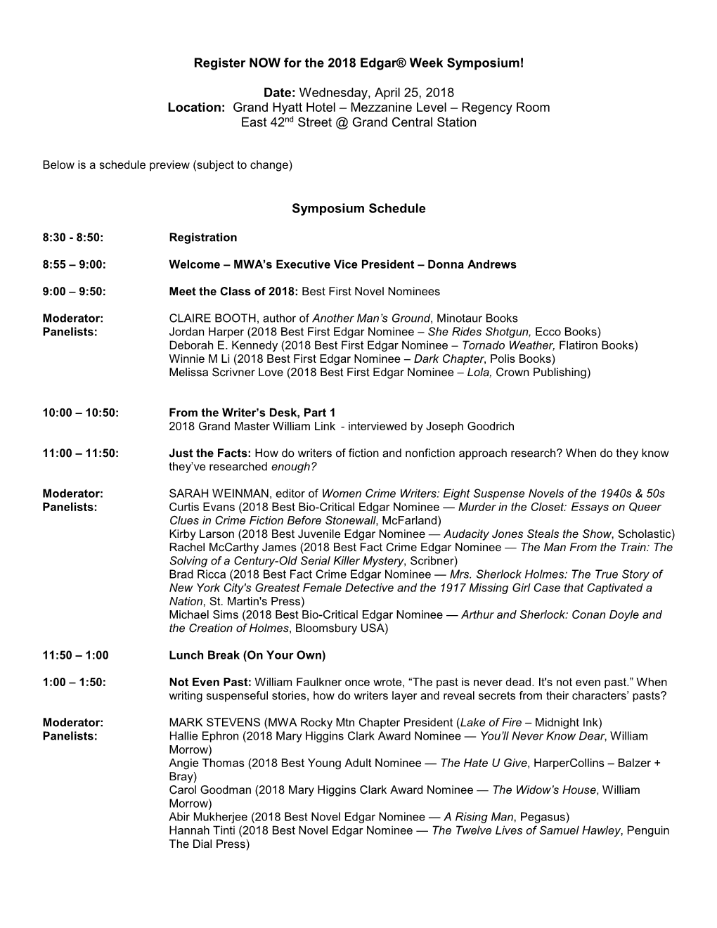 Edgar Symposium Schedule