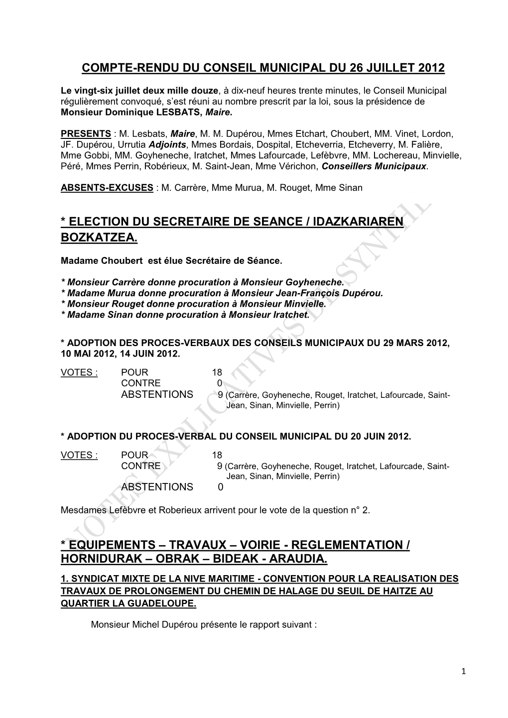Compte-Rendu Du Conseil Municipal Du 26 Juillet 2012