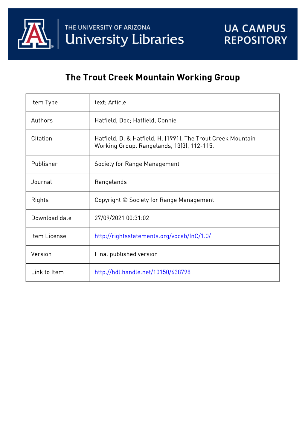 The Trout Creek Mountain Working Group