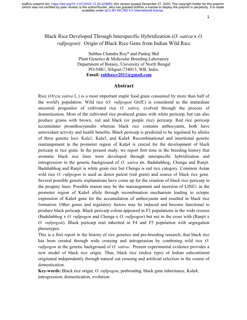 (O. Sativa X O. Rufipogon): Origin of Black Rice Gene from Indian Wild Rice