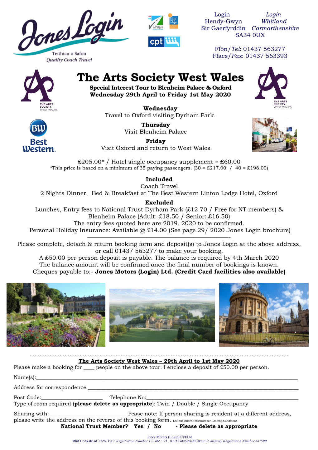 The Arts Society West Wales Special Interest Tour to Blenheim Palace & Oxford Wednesday 29Th April to Friday 1St May 2020