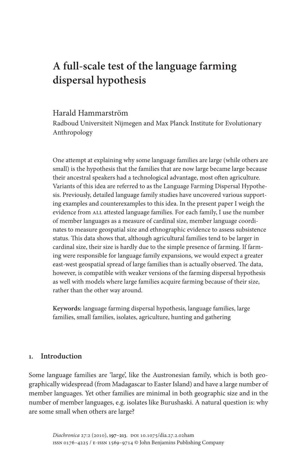 A Full-Scale Test of the Language Farming Dispersal Hypothesis