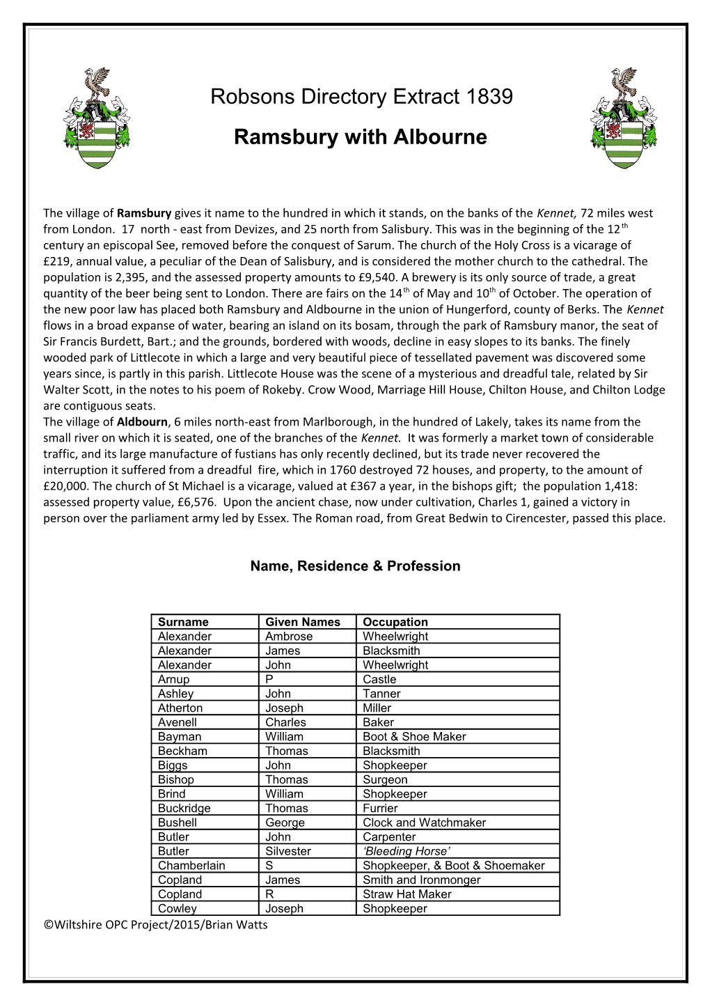 Robsons Directory Extract 1839 Ramsbury with Albourne