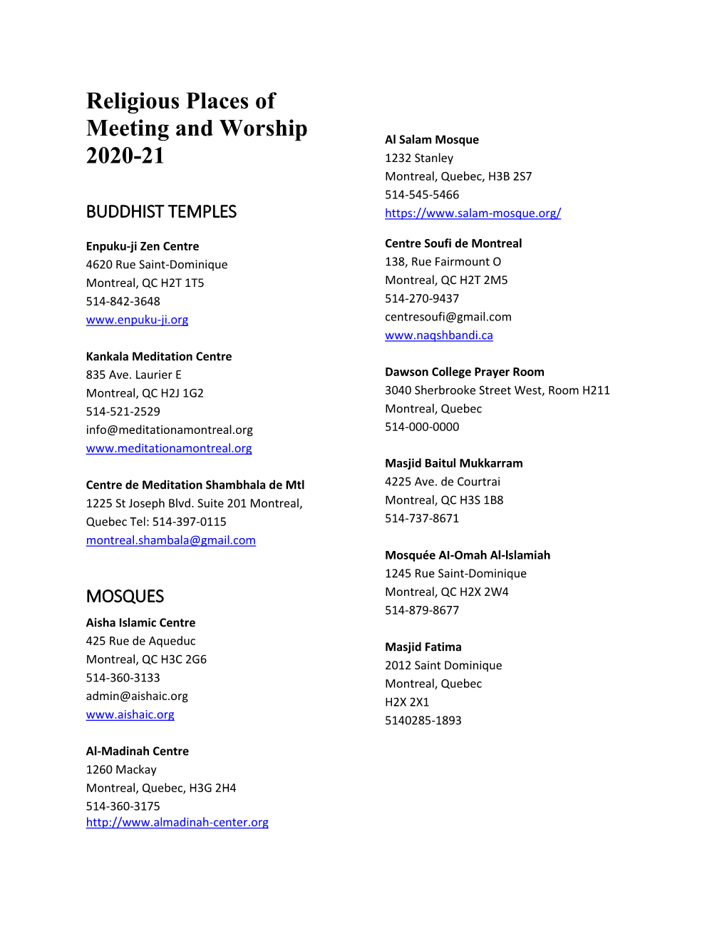 Religious Places of Meeting and Worship 2020-21